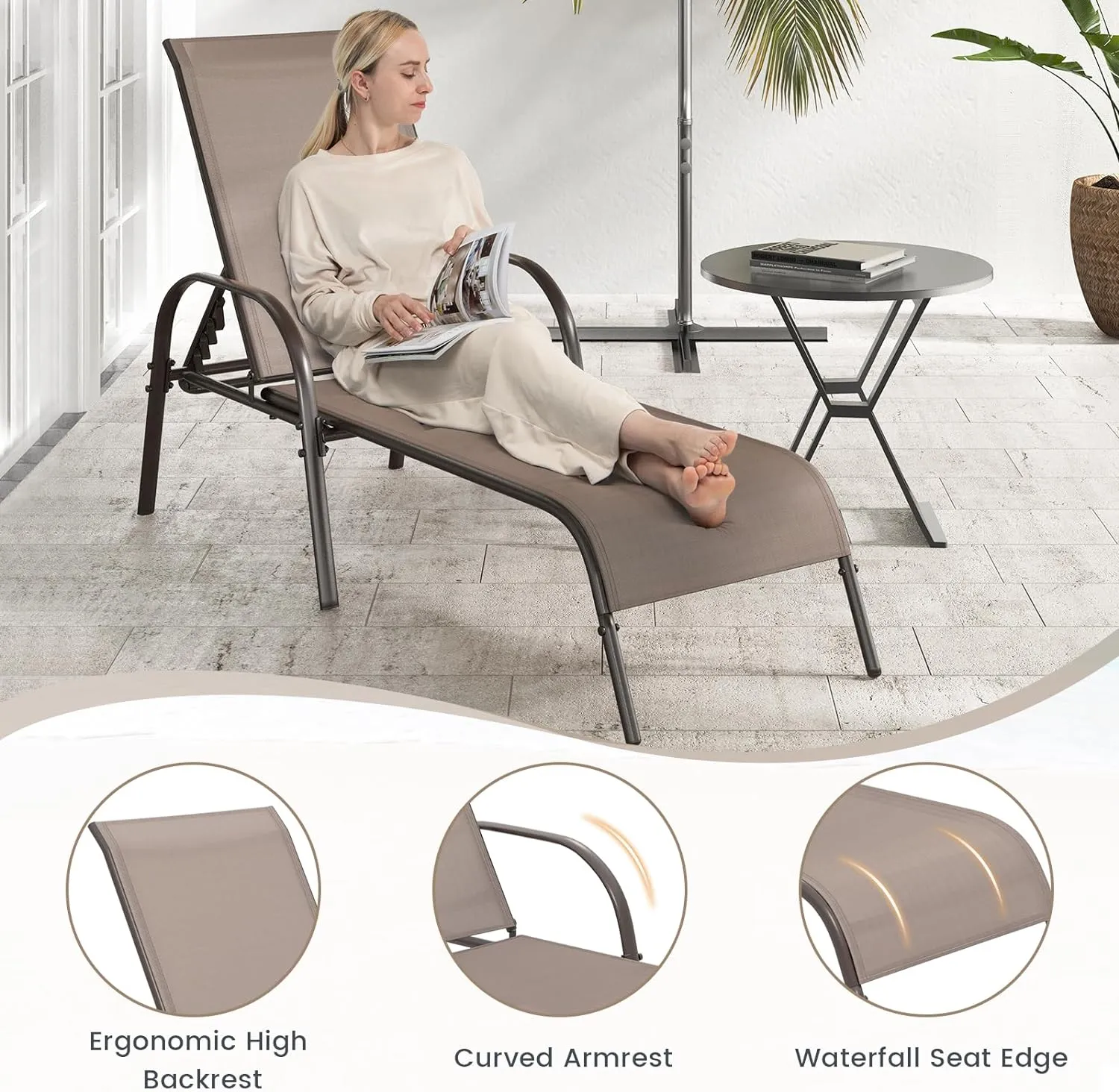 Giantex Patio Lounge Chair, Outdoor Chaise Lounge with 5 Adjustable Backrest, Sturdy Steel Frame, Sunbathing Recliner, Beach Chair, Tanning Chair for Outside, Yard, Balcony, Pool Chairs, Brown