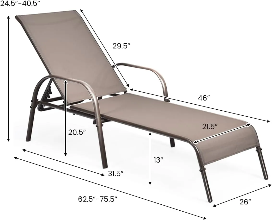Giantex Patio Lounge Chair, Outdoor Chaise Lounge with 5 Adjustable Backrest, Sturdy Steel Frame, Sunbathing Recliner, Beach Chair, Tanning Chair for Outside, Yard, Balcony, Pool Chairs, Brown