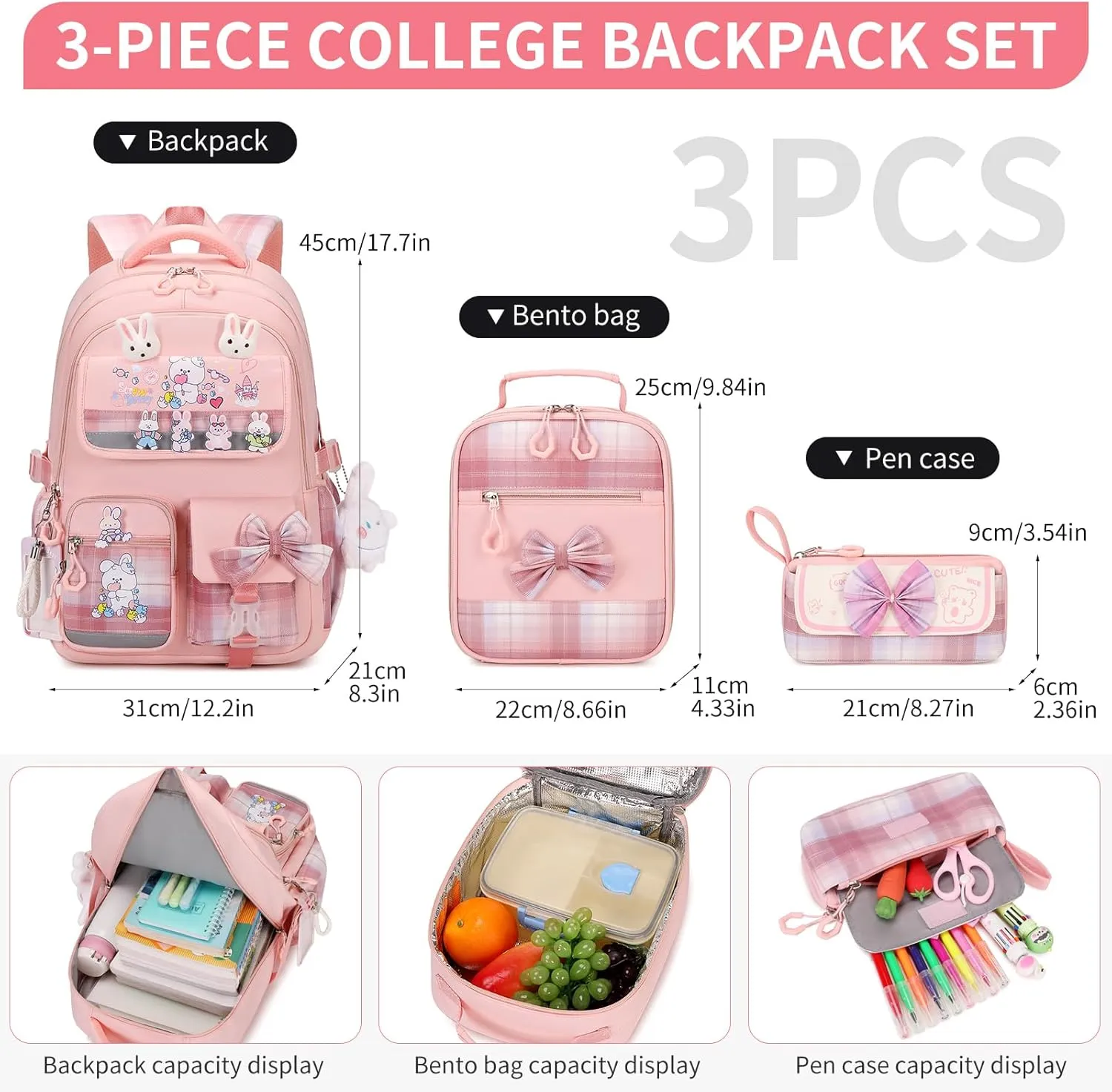 Girls Backpack 3pcs School Back pack with Lunch Box Teen Girl Backpack Set Cute Kids School Bag Bookbag for Teen Girls (Pink)