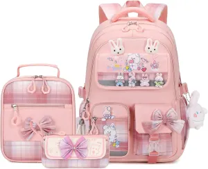 Girls Backpack 3pcs School Back pack with Lunch Box Teen Girl Backpack Set Cute Kids School Bag Bookbag for Teen Girls (Pink)