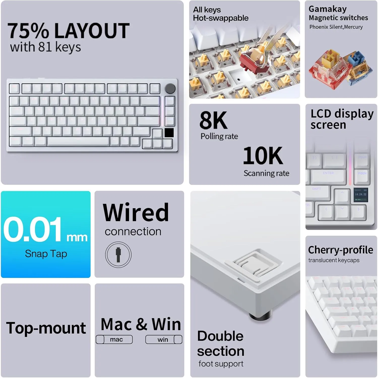 GK GAMAKAY TK75HE V2 Rapid Trigger Wired Mechanical Keyboard TFT Screen, 8KHz Polling Rate 0.01mm RT Accuracy, Snap Tap, Hall Effect Magnetic Switch 75% RGB Gaming Keyboard (White, Magnetic Mercury)