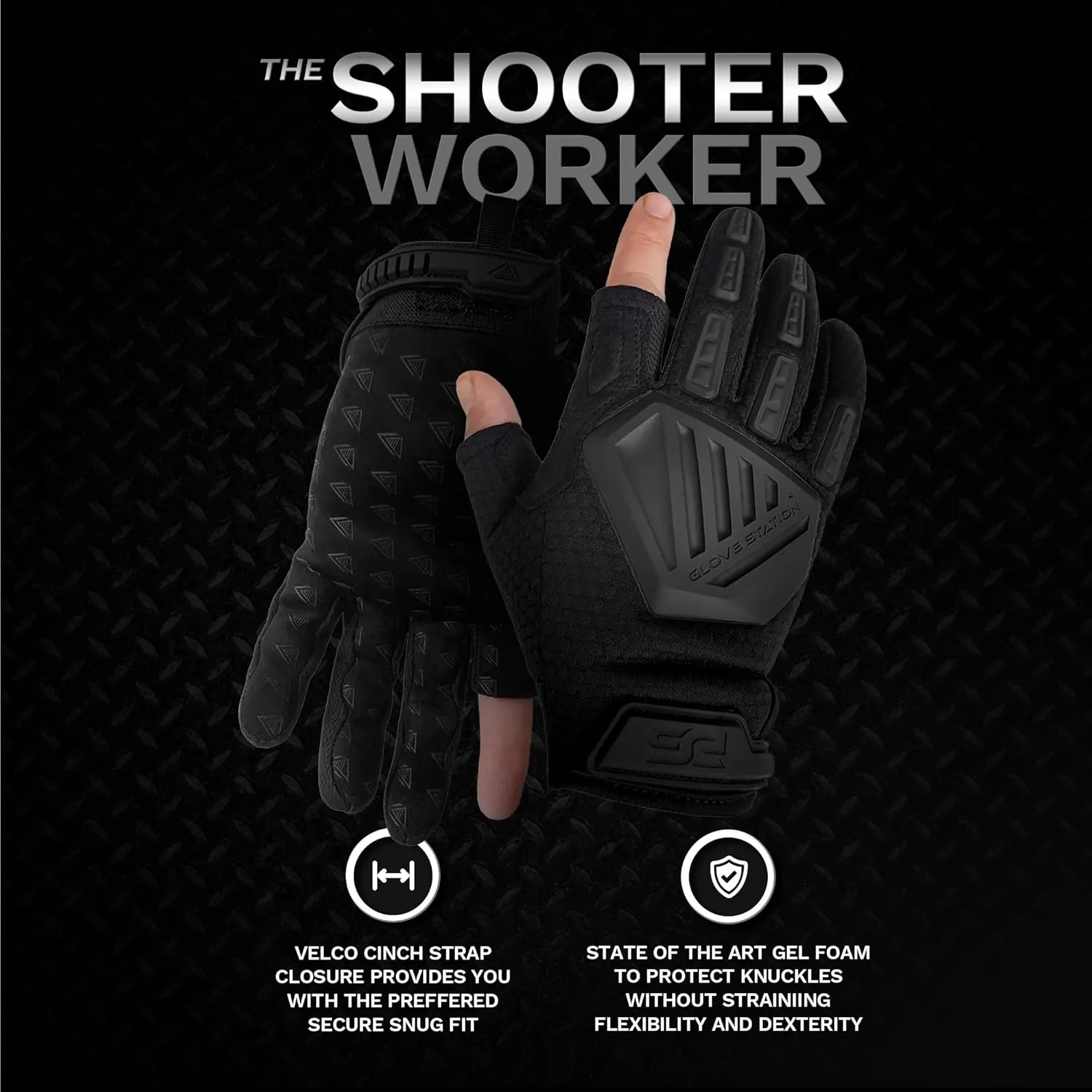 Glove Station The Shooter Work Tactical Gloves - Black (Large), Suede Leather Palm, Knuckle Protection for Men, 2 Fingerless Design for Paintball, Riding and Motorcycle Use