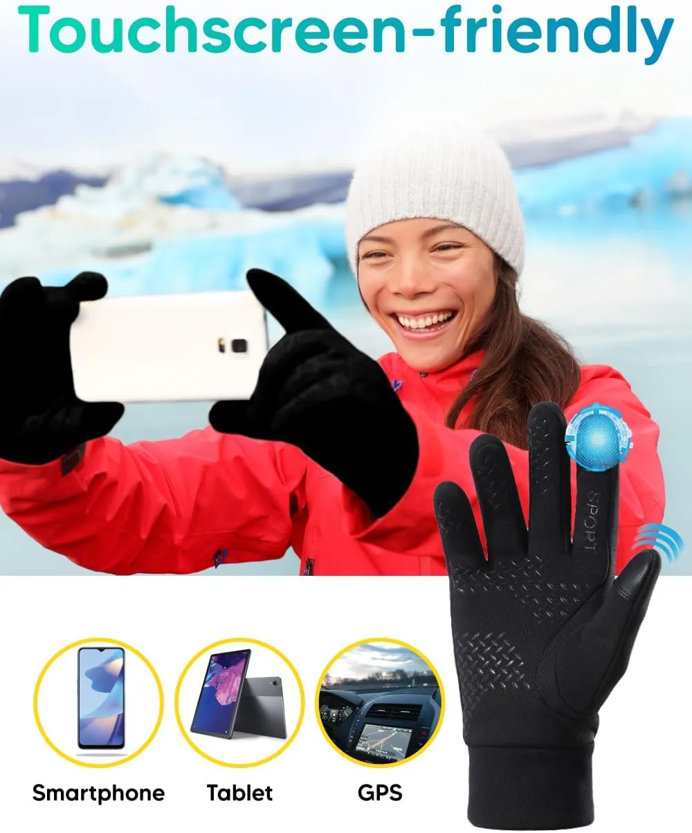 Gloves with touchscreen fingers for outdoor activities, water-resistant and windproof running gloves for men and women, anti-slip driving gloves, thermal lightweight black gloves for hiking or cycling
