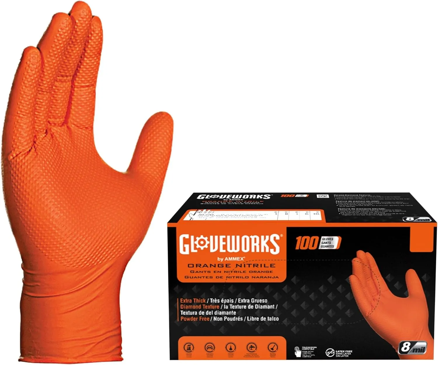 GLOVEWORKS HD Orange Nitrile Gloves, 8 Mil, Disposable, Raised Diamond Texture, Mechanic Gloves
