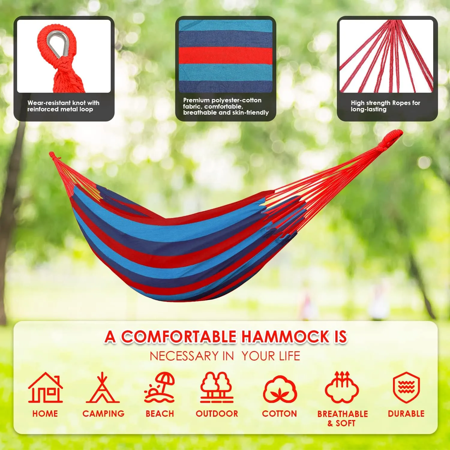 Gold Armour Brazilian Style Hammock with Tree Straps for Hanging - Durable Portable Single/Double Hammock for Camping, Outdoor, Indoor, Patio, Backyard (Blue & Red Stripe)