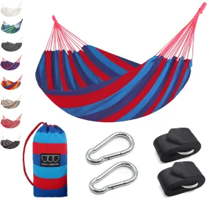 Gold Armour Brazilian Style Hammock with Tree Straps for Hanging - Durable Portable Single/Double Hammock for Camping, Outdoor, Indoor, Patio, Backyard (Blue & Red Stripe)