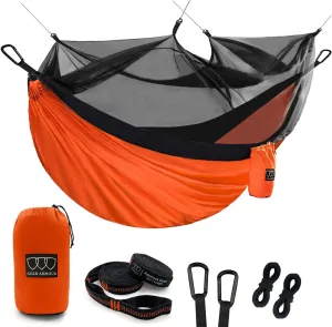 Gold Armour Camping Hammock - Camping Essentials, Double Hammock with Bug Net, Camping Gear Hammock for Outside, Hiking, and Travel (Orange & Black)