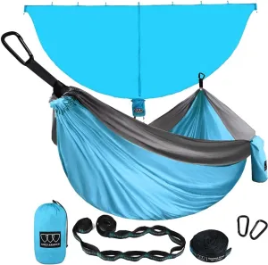Gold Armour Camping Hammock with Bug Net - XL Double Hammock Portable Hammock Camping Accessories Gear Mosquito Bug Net Set for Outdoor Indoor, USA Based Brand (Sky Blue & Gray)