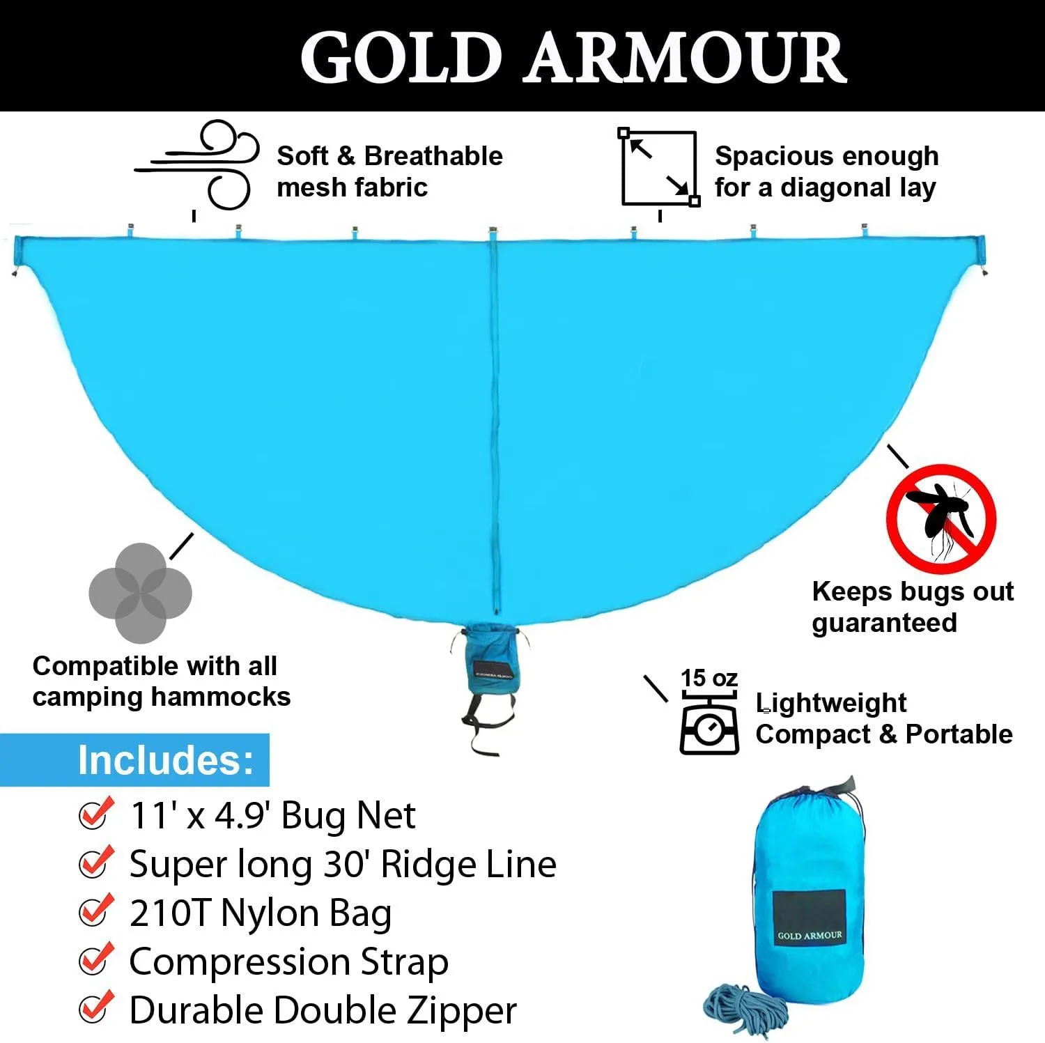 Gold Armour Camping Hammock with Bug Net - XL Double Hammock Portable Hammock Camping Accessories Gear Mosquito Bug Net Set for Outdoor Indoor, USA Based Brand (Sky Blue & Gray)