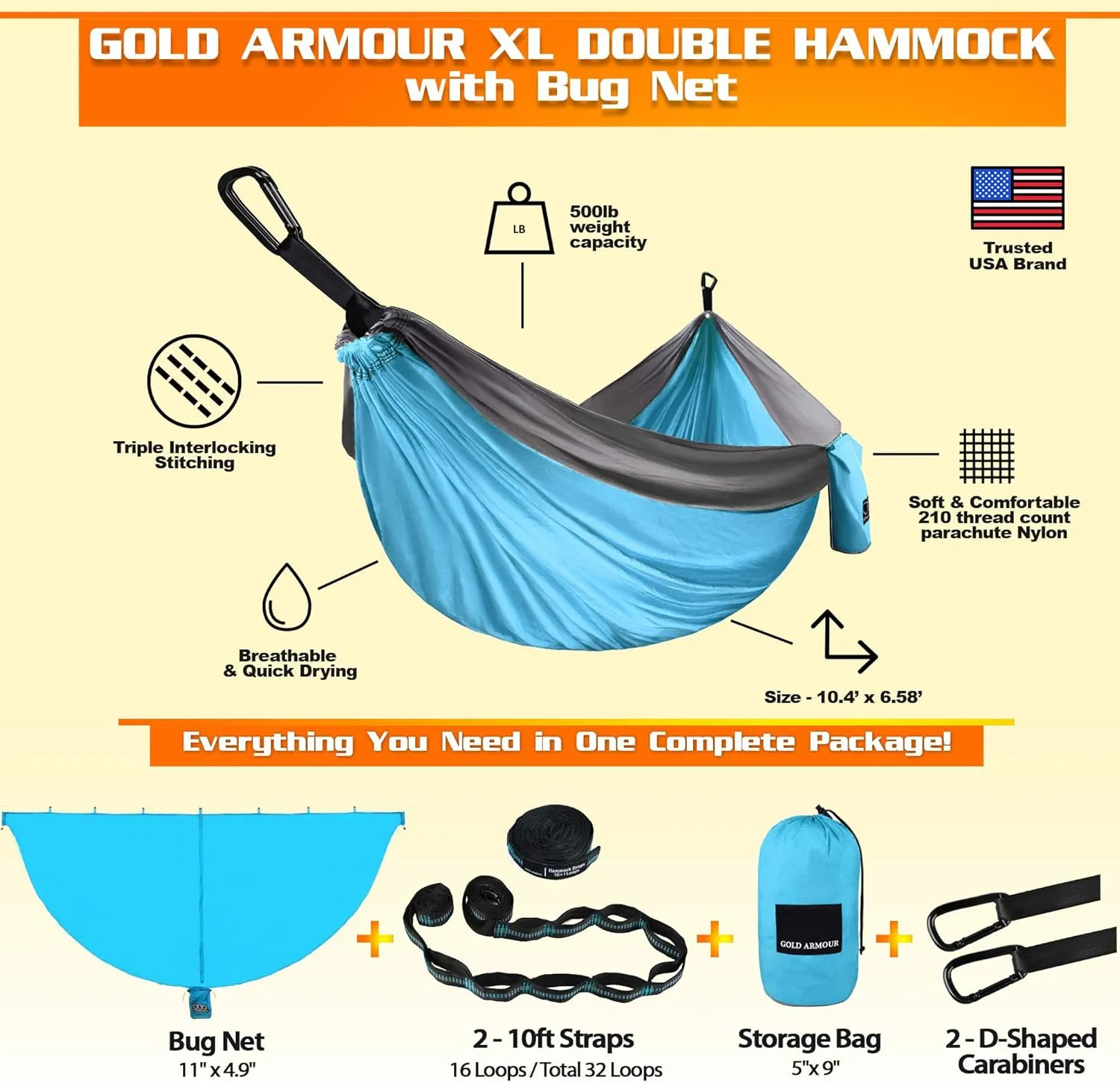 Gold Armour Camping Hammock with Bug Net - XL Double Hammock Portable Hammock Camping Accessories Gear Mosquito Bug Net Set for Outdoor Indoor, USA Based Brand (Sky Blue & Gray)