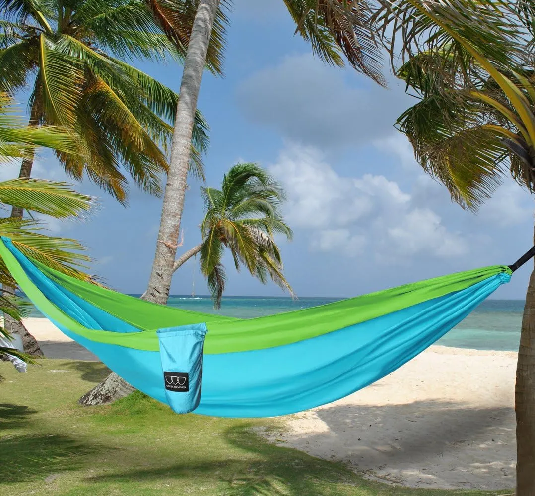 Gold Armour Camping Hammock - XL Double Hammock Portable Hammock Camping Accessories Gear for Outdoor Indoor with Tree Straps, USA Based Brand (Sky Blue and Lime Green)