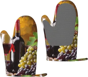 Grapes Wine Bottles and Drink Prints Silicone Oven Mitts Sets of 2 Heat Resistant Kitchen Gloves for Picnic BBQ Cooking Baking