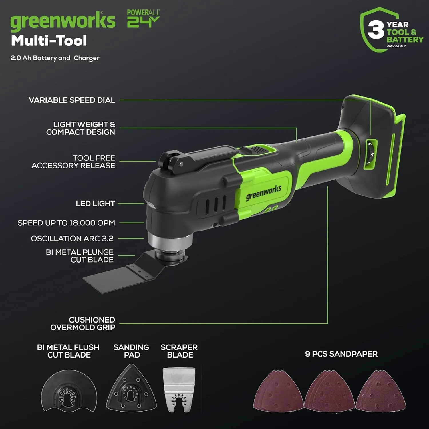 Greenworks 24V Cordless Multi-Tool, Oscillating Tool for Cutting/Nailing/Scraping/Sanding with 6 Variable Speed Control, 2.0Ah Battery, 2A Charger and 13 Accessories Included