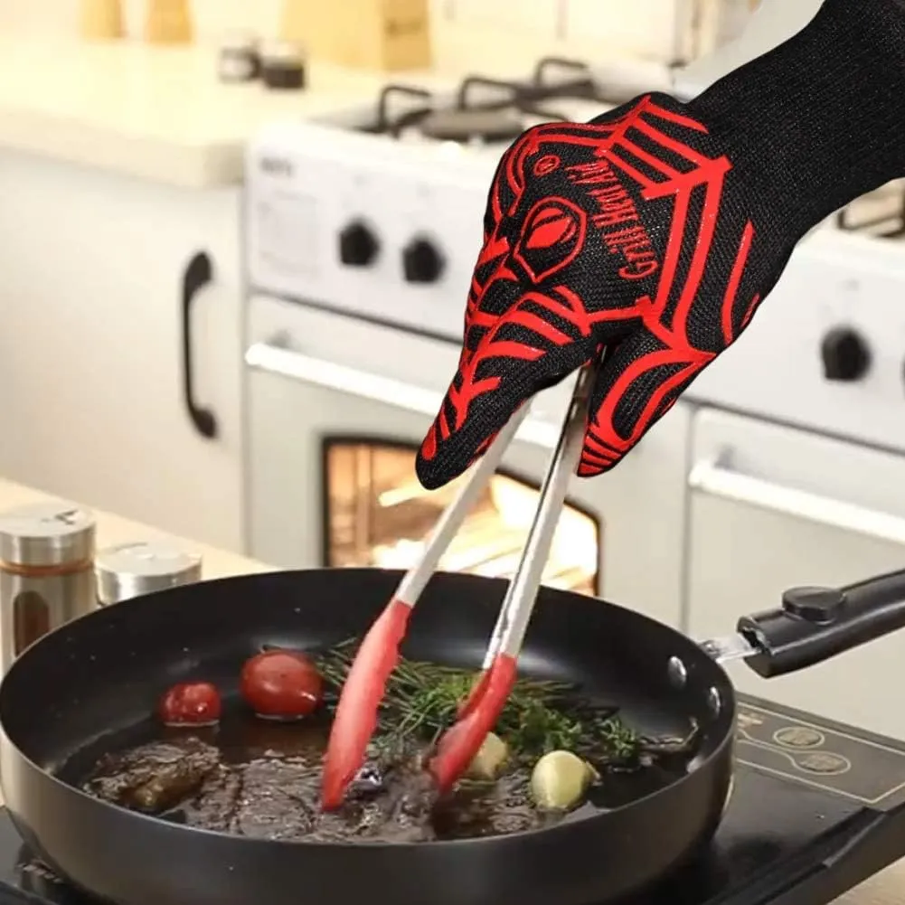 GRILL HEAT AID Premium Grill Gloves Heat Proof for Grilling - BBQ Gloves 1472°F Heat-Resistant Oven Mitts with Fingers for Cooking, Baking Pizza in Oven, Fire Gloves for Barbecue, Smoker, Campfire