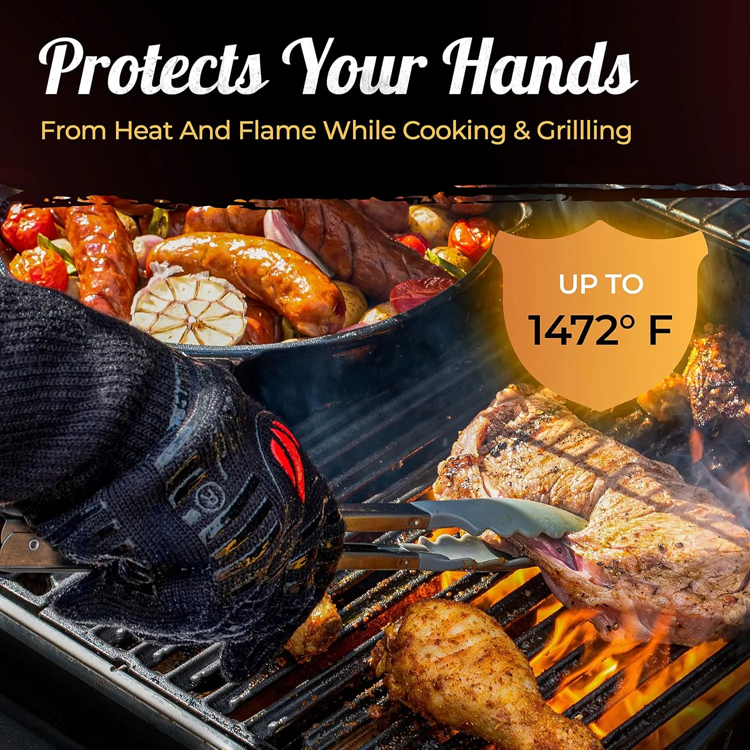 GRILL HEAT AID Premium Grill Gloves Heat Proof for Grilling (Long Cuff) BBQ Gloves Heat-Resistant Oven Mitts with Fingers for Cooking, Baking Pizza in Oven, Fire Gloves for Barbecue, Smoker, Campfire