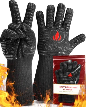 GRILL HEAT AID Premium Grill Gloves Heat Proof for Grilling (Long Cuff) BBQ Gloves Heat-Resistant Oven Mitts with Fingers for Cooking, Baking Pizza in Oven, Fire Gloves for Barbecue, Smoker, Campfire
