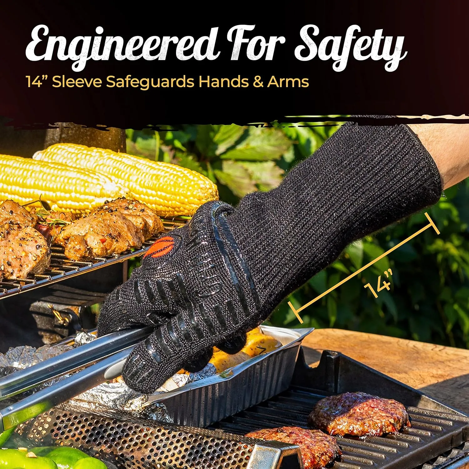 GRILL HEAT AID Premium Grill Gloves Heat Proof for Grilling (Long Cuff) BBQ Gloves Heat-Resistant Oven Mitts with Fingers for Cooking, Baking Pizza in Oven, Fire Gloves for Barbecue, Smoker, Campfire