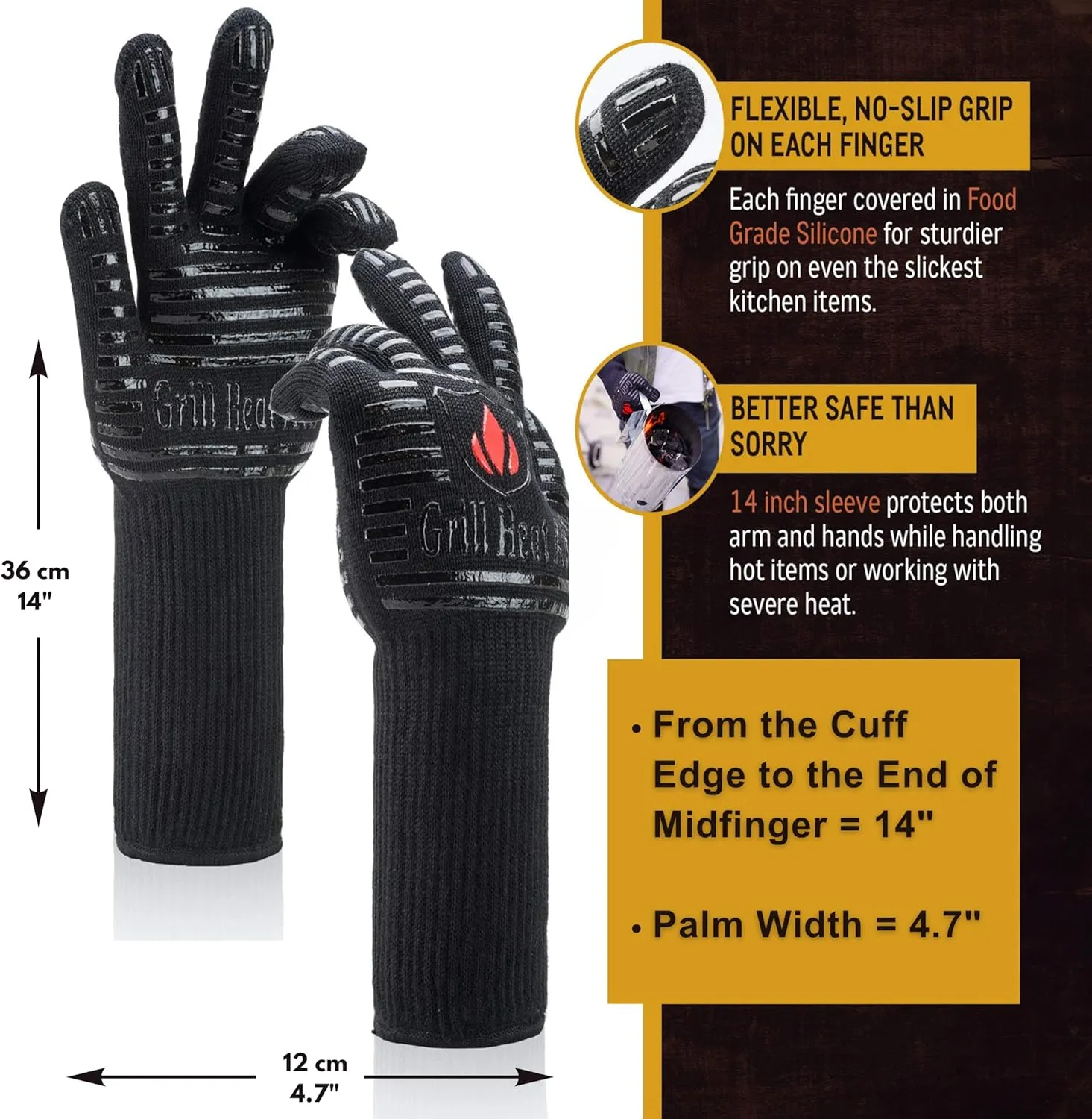 GRILL HEAT AID Premium Grill Gloves Heat Proof for Grilling (Long Cuff) BBQ Gloves Heat-Resistant Oven Mitts with Fingers for Cooking, Baking Pizza in Oven, Fire Gloves for Barbecue, Smoker, Campfire