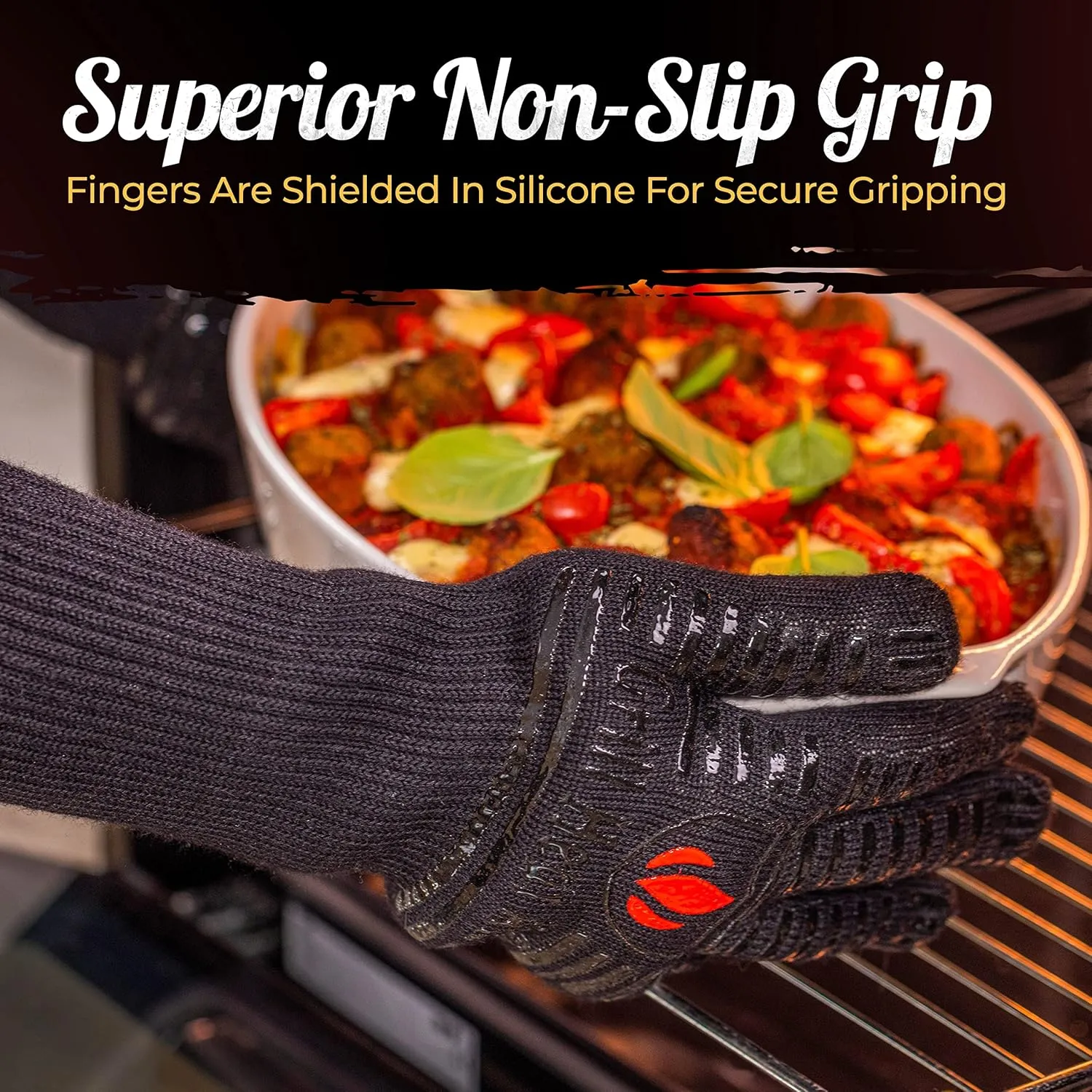 GRILL HEAT AID Premium Grill Gloves Heat Proof for Grilling (Long Cuff) BBQ Gloves Heat-Resistant Oven Mitts with Fingers for Cooking, Baking Pizza in Oven, Fire Gloves for Barbecue, Smoker, Campfire