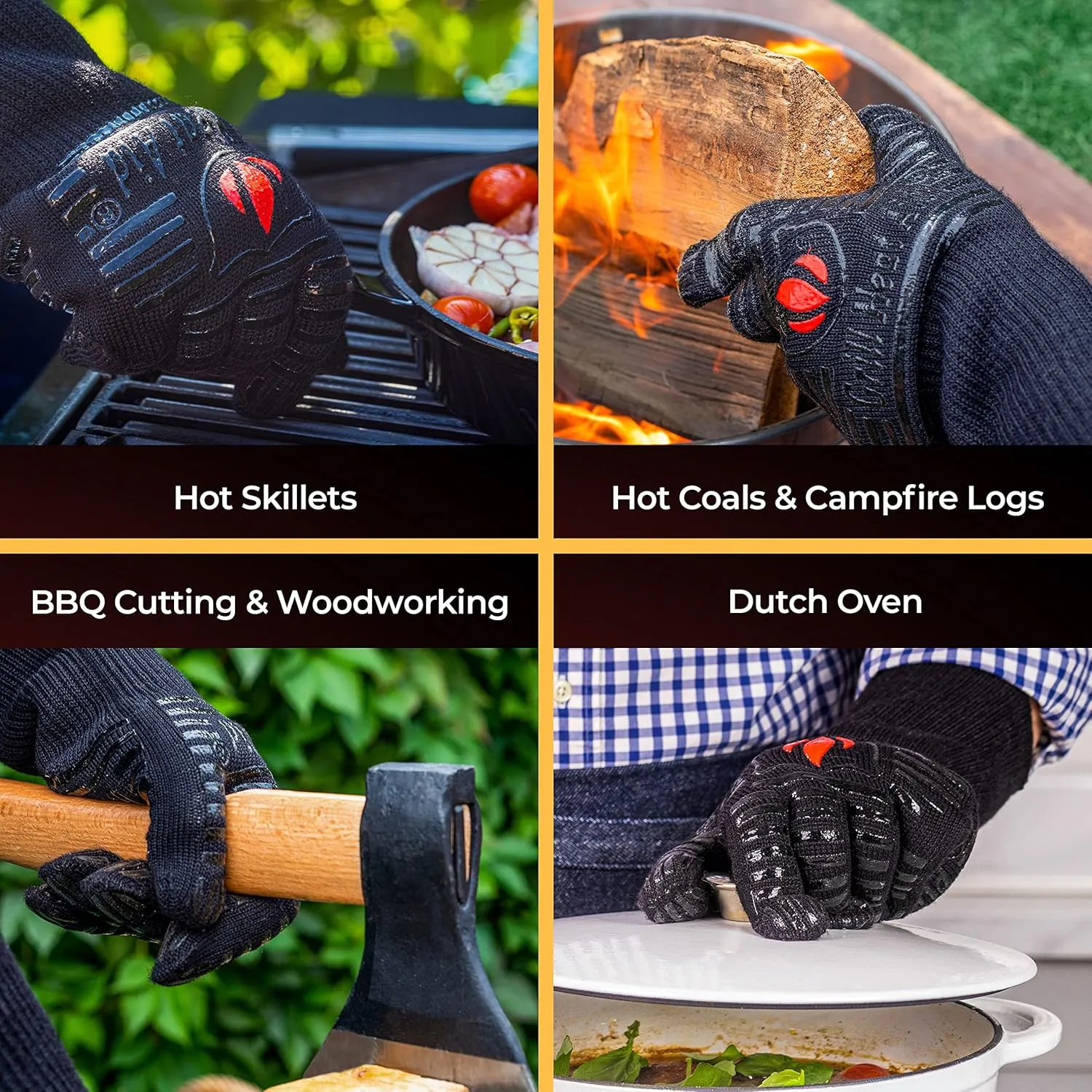 GRILL HEAT AID Premium Grill Gloves Heat Proof for Grilling (Long Cuff) BBQ Gloves Heat-Resistant Oven Mitts with Fingers for Cooking, Baking Pizza in Oven, Fire Gloves for Barbecue, Smoker, Campfire