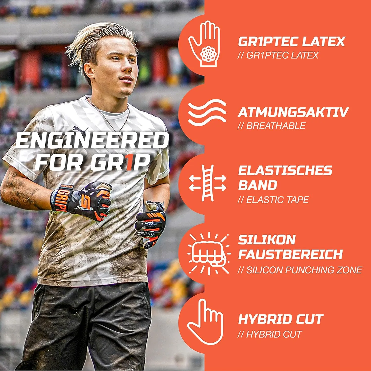 GRIPMODE Gravity Hybrid Goalkeeper Gloves Adult and Child with Griptec® Latex Lining I Suitable in All Weather I Football Goal Protection for Children, Teenagers & Adults I Size 7-11