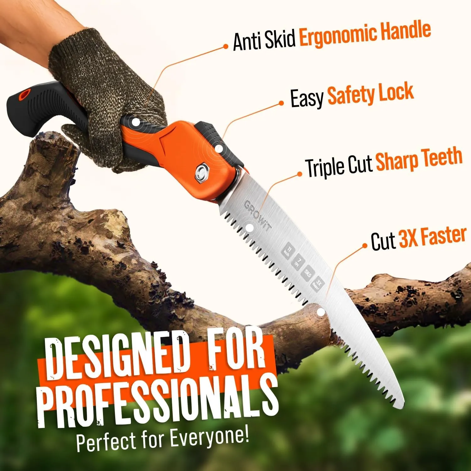 GROWIT Folding saw 11 Inch - Heavy Duty Pruning Saw with Triple-Cut SK5 Blade, 7 TPI Razor Teeth for Tree Trimming, Wood Cutting, Camping, Bushcraft, and Gardening