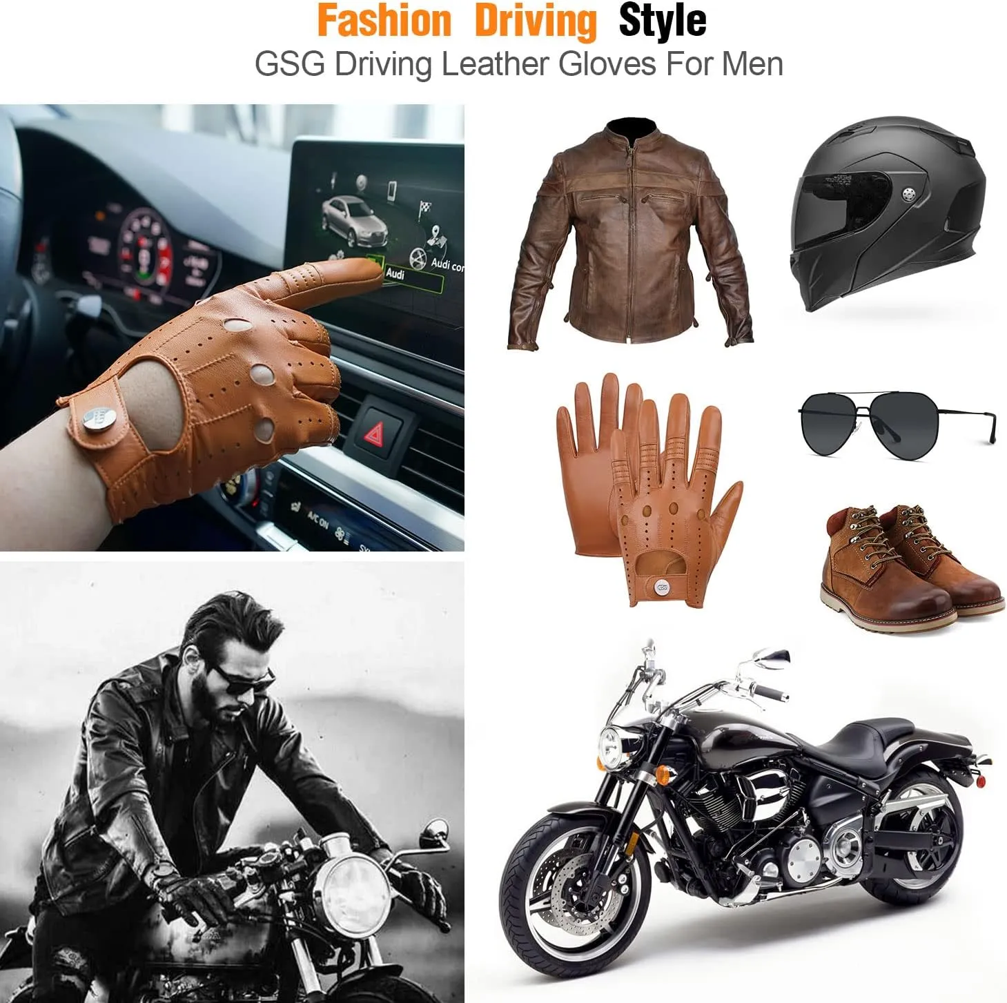 GSG Men Geniune Leather Gloves Sheepskin Black Driving Cycling Touchscreen Motorcycle Unlined Gloves