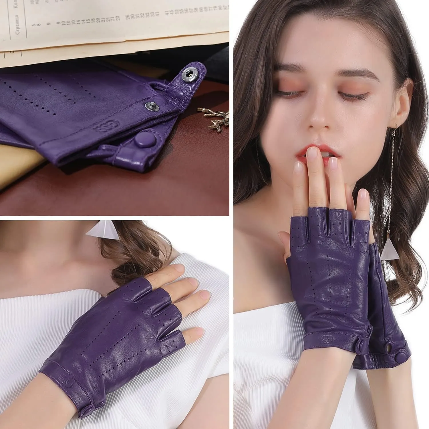 GSG Women Fingerless Leather Gloves - Driving Motorcycle Biker Gloves - Unlined Half Finger