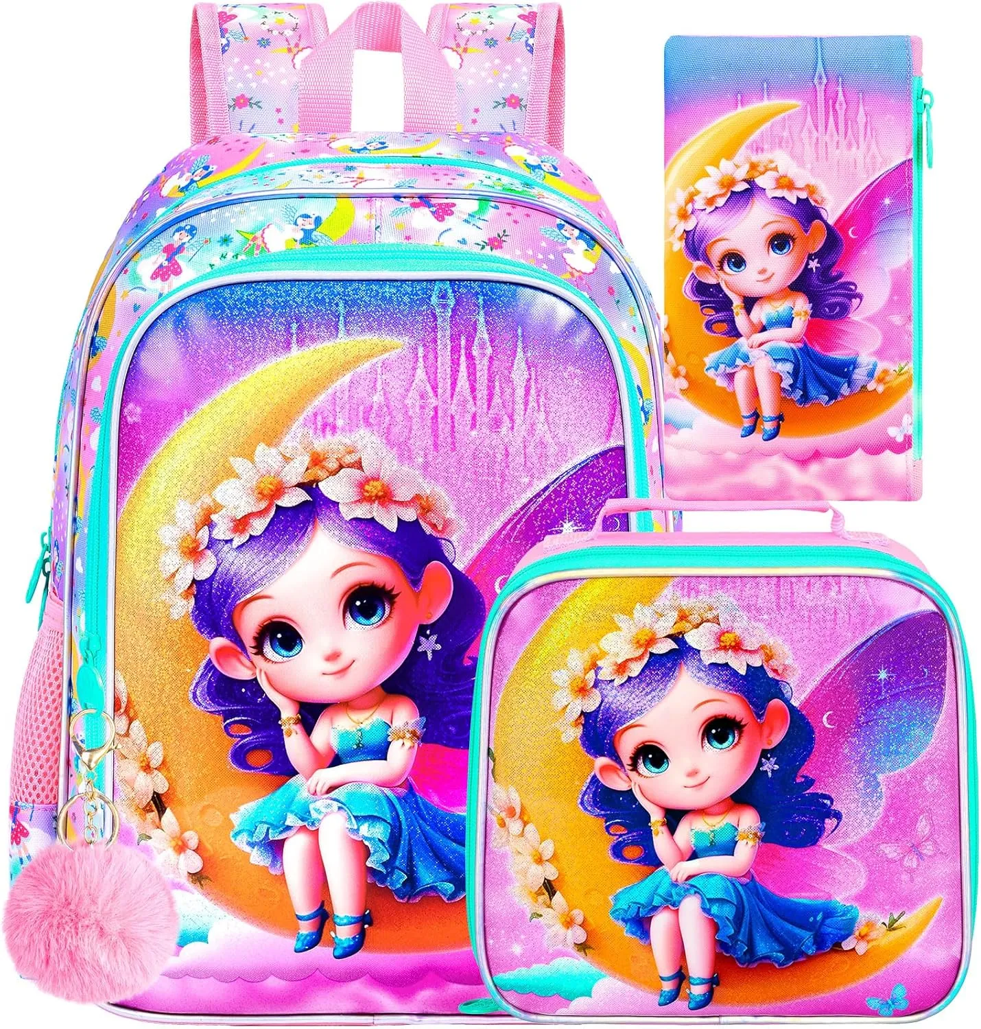 gxtvo 3PCS Girls Fairy Backpack, 16" Kids Bookbag with Lunch Box, Water Resistant Kids Elementary Rainbow School Bag for Preschool Toddler