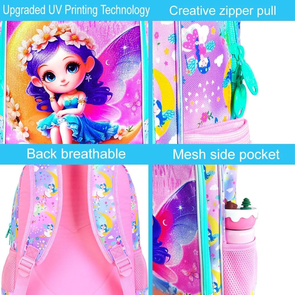 gxtvo 3PCS Girls Fairy Backpack, 16" Kids Bookbag with Lunch Box, Water Resistant Kids Elementary Rainbow School Bag for Preschool Toddler