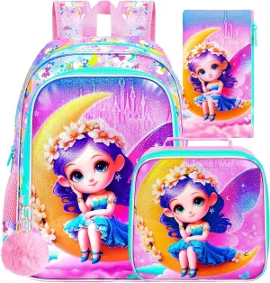 gxtvo 3PCS Girls Fairy Backpack, 16" Kids Bookbag with Lunch Box, Water Resistant Kids Elementary Rainbow School Bag for Preschool Toddler