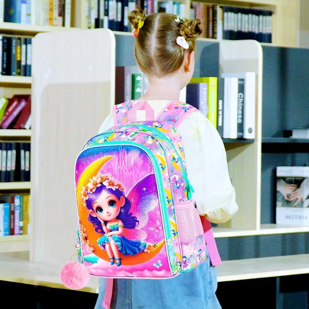 gxtvo 3PCS Girls Fairy Backpack, 16" Kids Bookbag with Lunch Box, Water Resistant Kids Elementary Rainbow School Bag for Preschool Toddler