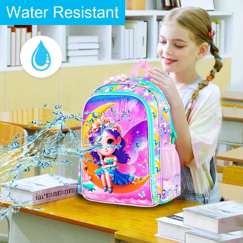 gxtvo 3PCS Girls Fairy Backpack, 16" Kids Bookbag with Lunch Box, Water Resistant Kids Elementary Rainbow School Bag for Preschool Toddler