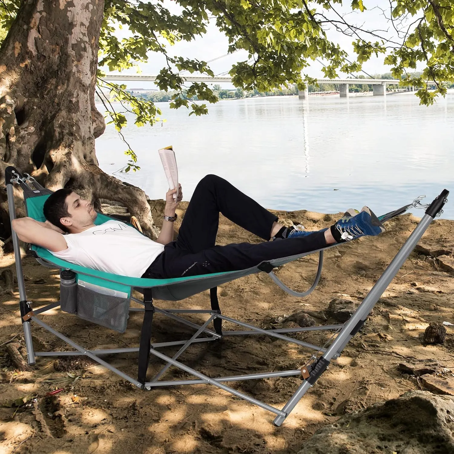 GYMAX Hammock with Stand Included, Camping Hammock with Carrying Bag & Storage Pocket, Portable Heavy Duty Self Standing Hammock, Indoor/Outdoor Hammock Chair for Patio Beach Yard Garden (Turquoise)