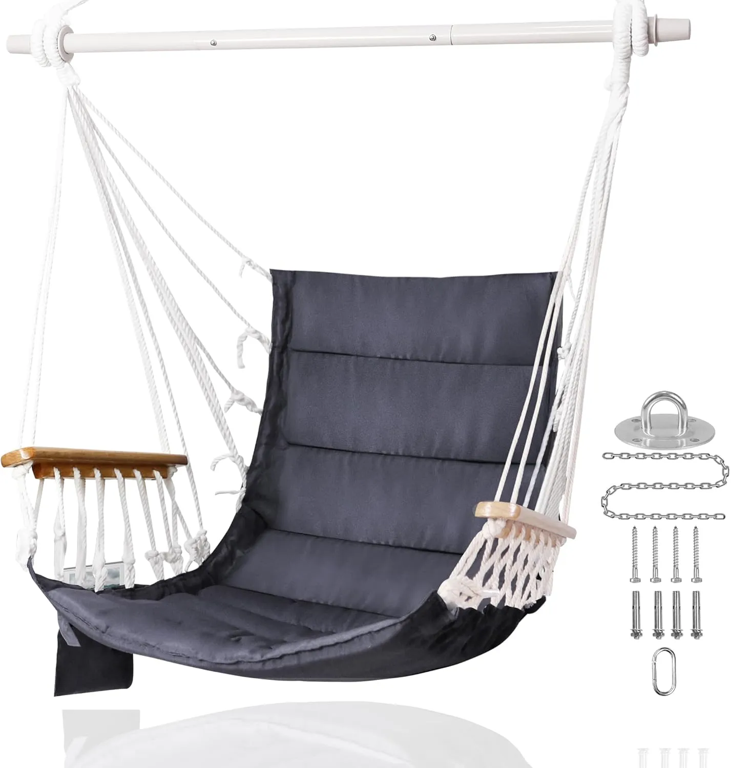 Hammock Chair Porch Hanging Swing with Wooden Armrests&Side Pocket;Steel Spreader Bar,Hardware kit Included;Quilted Fabric;Up to 350 Lbs,for Indoor or Outdoor