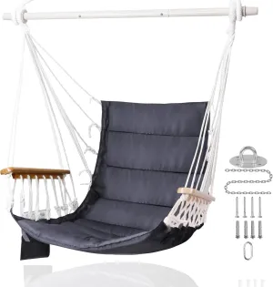 Hammock Chair Porch Hanging Swing with Wooden Armrests&Side Pocket;Steel Spreader Bar,Hardware kit Included;Quilted Fabric;Up to 350 Lbs,for Indoor or Outdoor