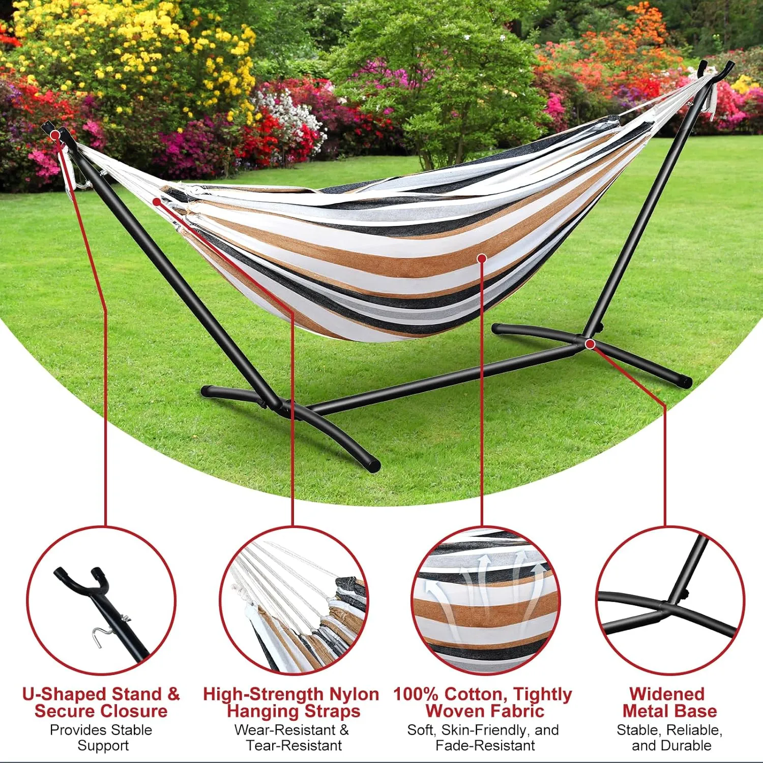 Hammock with Stand for Outside,Easy Assembly Free Standing, Portable Hammock with Carrying Bag for Indoor Outdoor Balcony Backyard, 330 lb Capacity, Desert Stripes