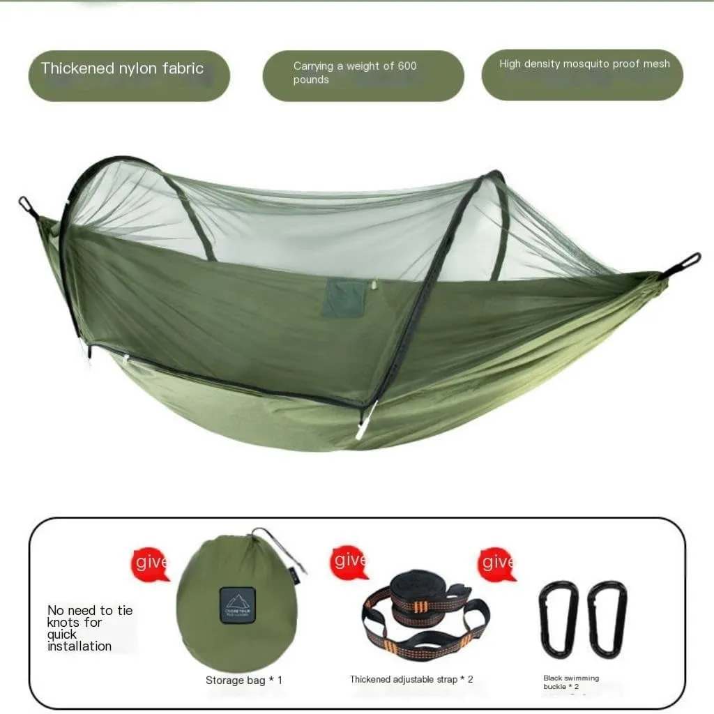 Hammocks Outdoor Anti-Mosquito Hammock Automatic Quick Opening with Mosquito Net Parachute Cloth Single Double Portable Camping Hammocks(A)