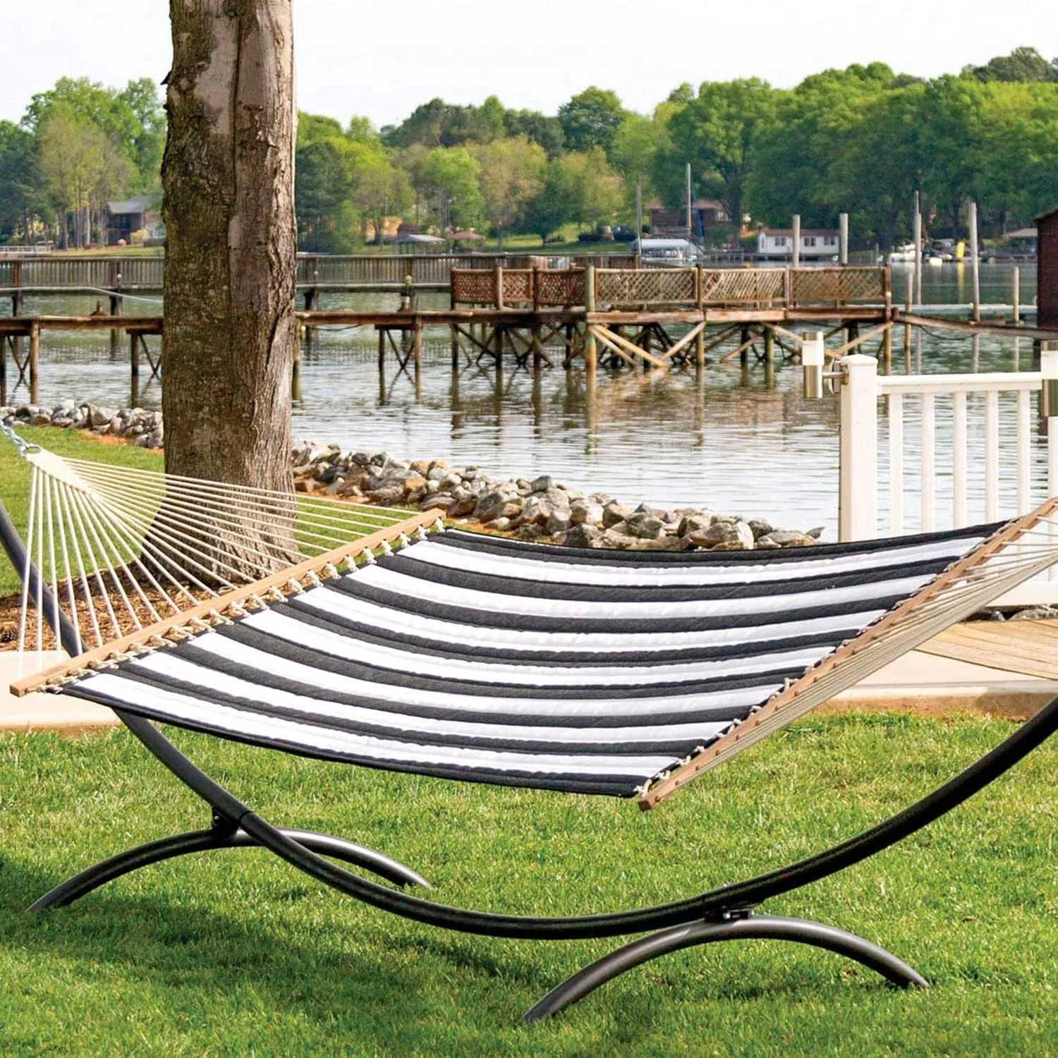 Hatteras Hammocks Large Cabana Classic Sunbrella Quilted Hammock with Free Extension Chains & Tree Hooks, Handcrafted in The USA, Accommodates 2 People, 450 LB Weight Capacity, 13 ft. x 55 in.