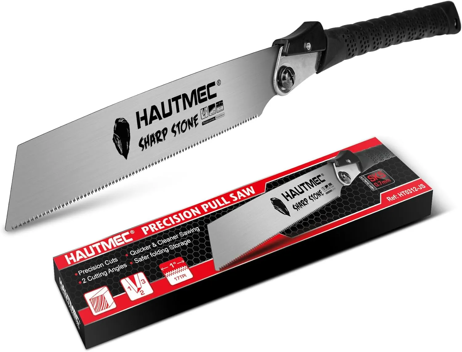 HAUTMEC Japanese Pull Saw, 9“ Foldable Hand Saw with SK5 Steel Blade, Trapezoidal Teeth for Woodworking, Sharp Stone Series, HT0312