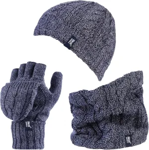 HEAT HOLDERS - Thermal Fleece Cable Knit Hat, Neck Warmer and Converter Gloves Set for Women Winter