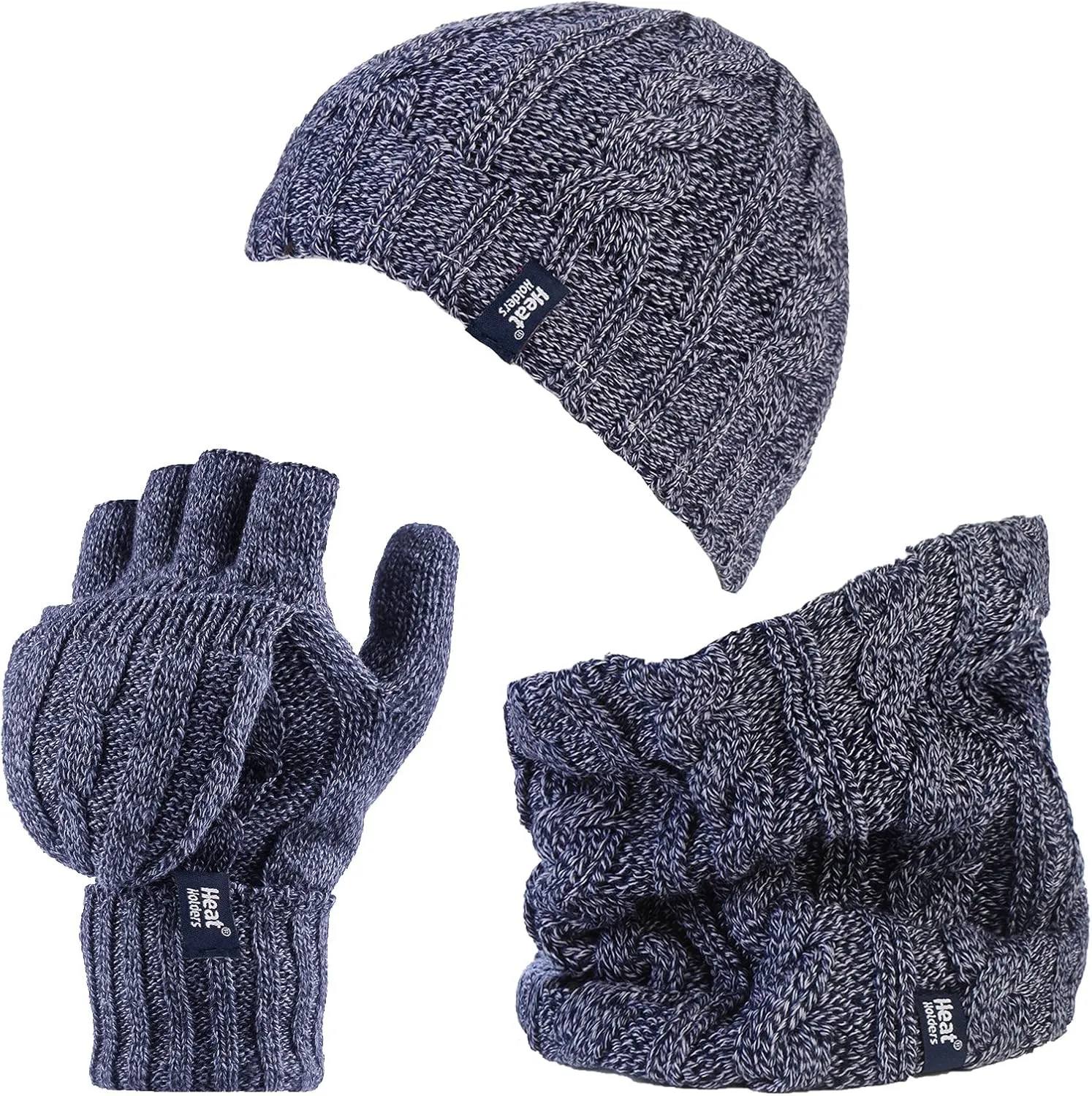 HEAT HOLDERS - Thermal Fleece Cable Knit Hat, Neck Warmer and Converter Gloves Set for Women Winter