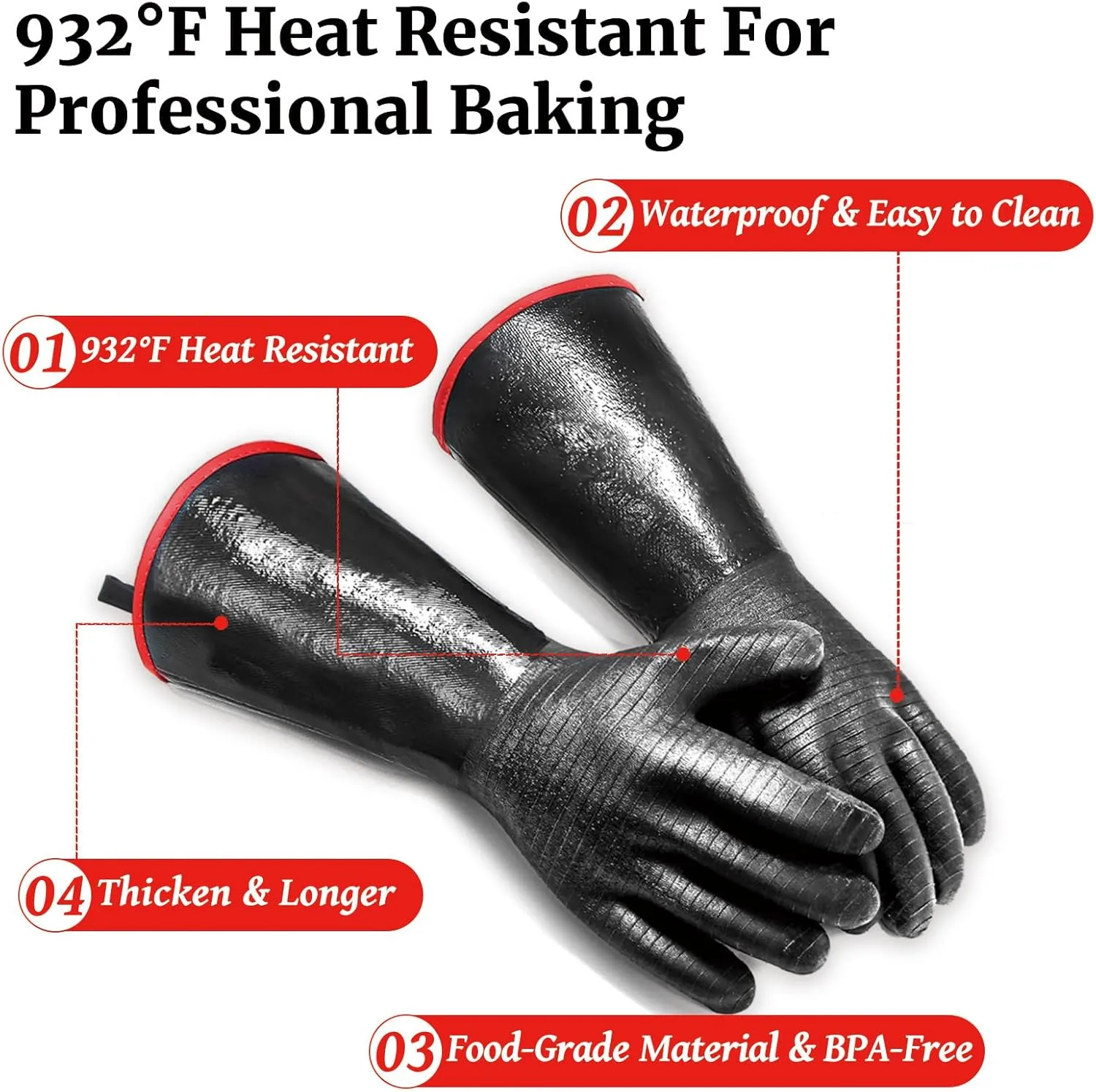 Heat Resistant BBQ Gloves, 932°F Grill Gloves Heat Proof for Men, Oil Resistant Neoprene Coating Waterproof Long Sleeve Pit Grill Gloves for Fryer, Cooking, Baking, Fireproof, Outdoor (Black, 14 Inch)