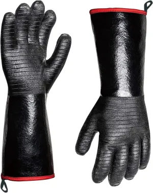 Heat Resistant BBQ Gloves, 932°F Grill Gloves Heat Proof for Men, Oil Resistant Neoprene Coating Waterproof Long Sleeve Pit Grill Gloves for Fryer, Cooking, Baking, Fireproof, Outdoor (Black, 14 Inch)