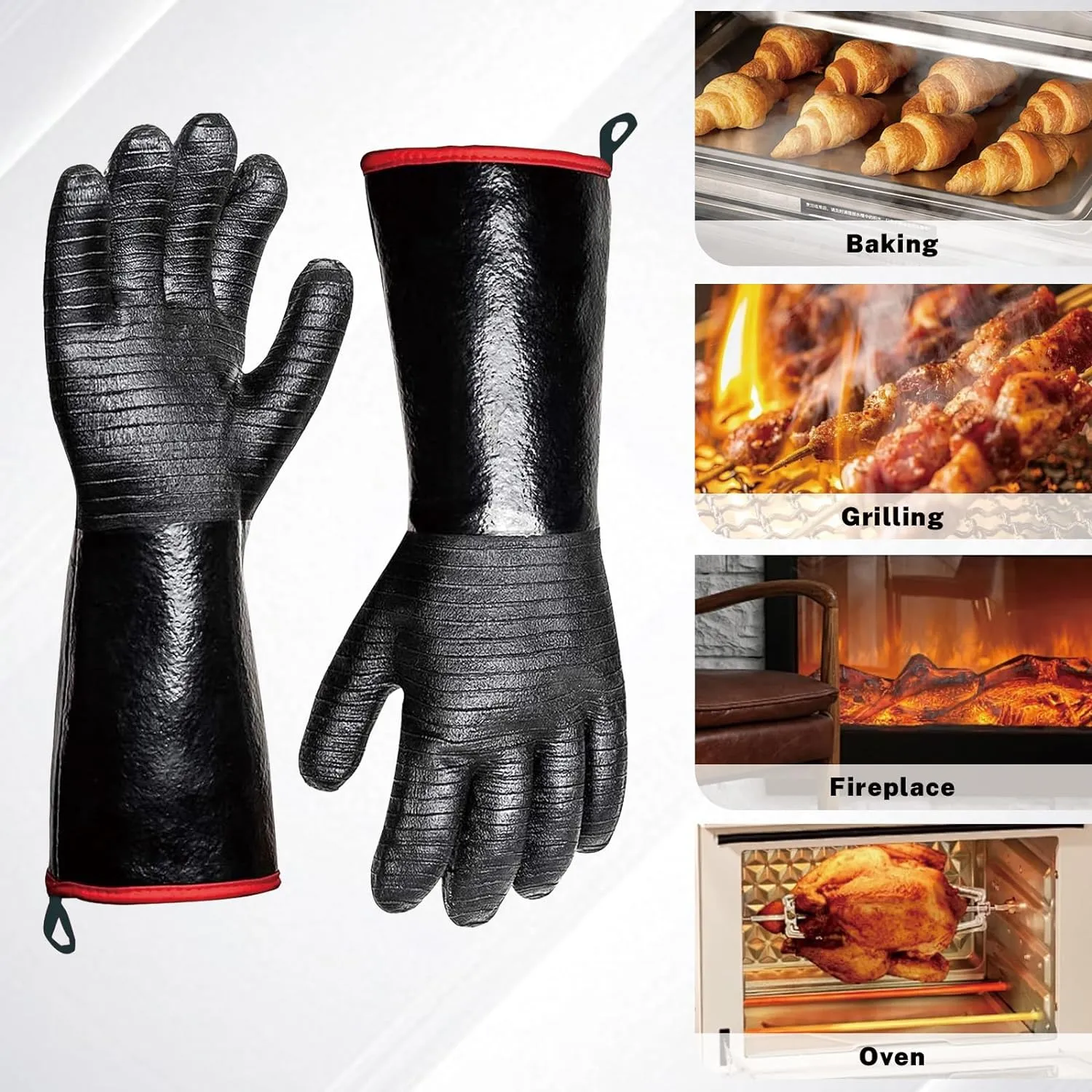 Heat Resistant BBQ Gloves, 932°F Grill Gloves Heat Proof for Men, Oil Resistant Neoprene Coating Waterproof Long Sleeve Pit Grill Gloves for Fryer, Cooking, Baking, Fireproof, Outdoor (Black, 14 Inch)