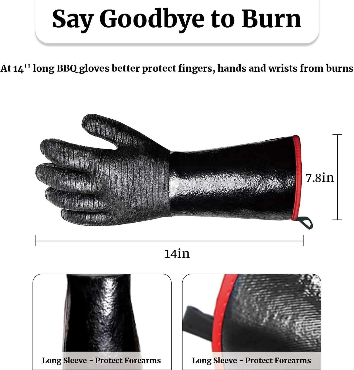 Heat Resistant BBQ Gloves, 932°F Grill Gloves Heat Proof for Men, Oil Resistant Neoprene Coating Waterproof Long Sleeve Pit Grill Gloves for Fryer, Cooking, Baking, Fireproof, Outdoor (Black, 14 Inch)
