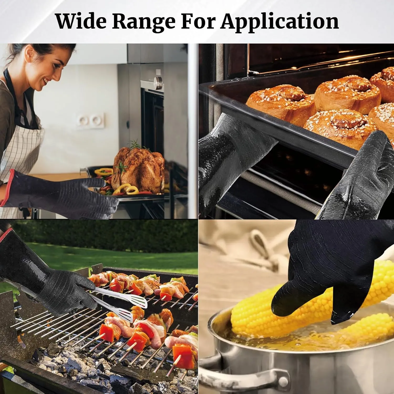 Heat Resistant BBQ Gloves, 932°F Grill Gloves Heat Proof for Men, Oil Resistant Neoprene Coating Waterproof Long Sleeve Pit Grill Gloves for Fryer, Cooking, Baking, Fireproof, Outdoor (Black, 14 Inch)