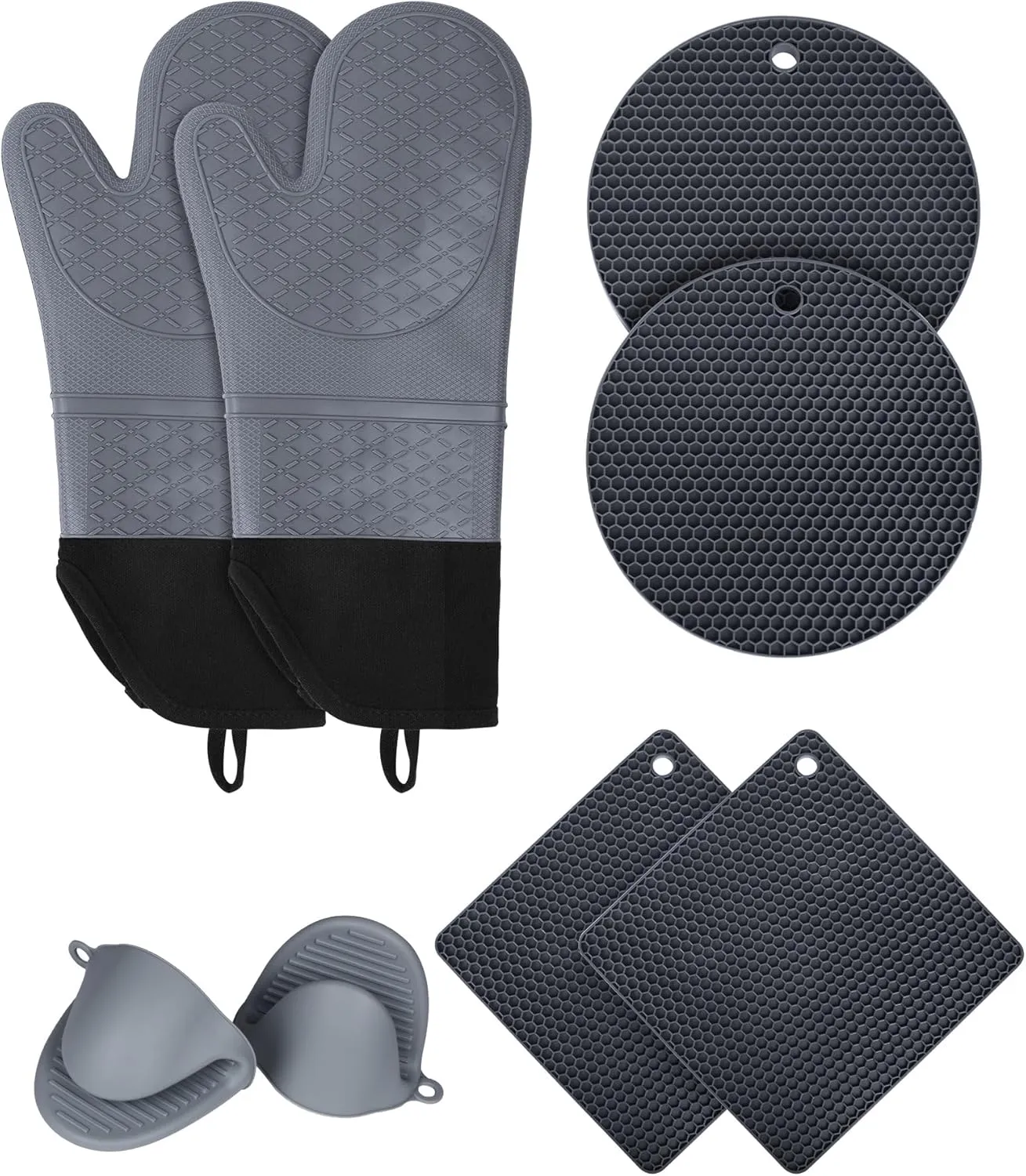 Heat Resistant Oven Silicone Gloves and Pot Holder Set, Heavy Duty Kitchen Glove Set for Cooking, Hot Pad Potholders to Block Heat, Best Pot Trivets for Women (2 Rounds and 2 Squares)