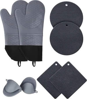 Heat Resistant Oven Silicone Gloves and Pot Holder Set, Heavy Duty Kitchen Glove Set for Cooking, Hot Pad Potholders to Block Heat, Best Pot Trivets for Women (2 Rounds and 2 Squares)