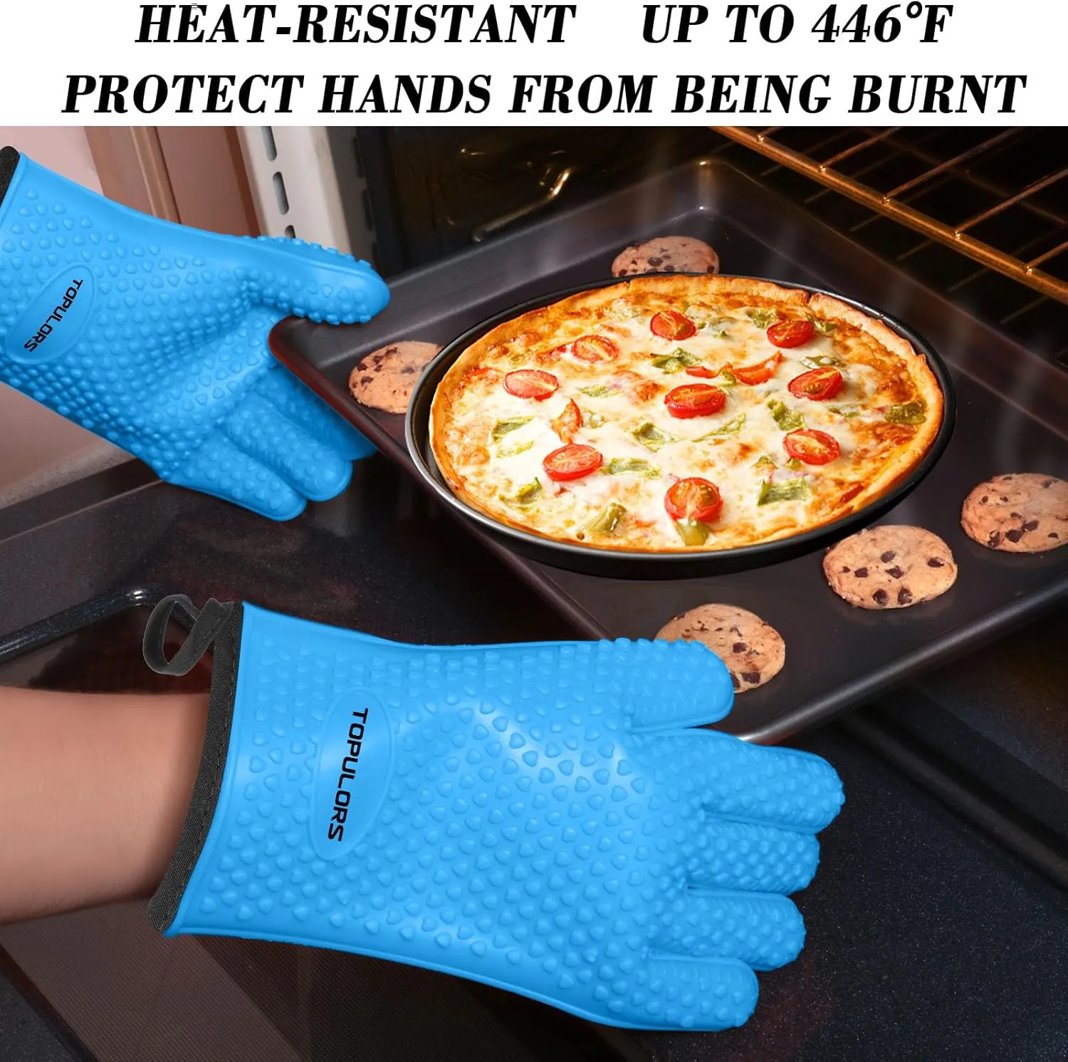 Heat Resistant Silicone Gloves for Cooking, Grilling, and BBQ Non-Slip Grip, Five-Finger Design with Inner Cotton Layer - Perfect for Handling Hot Food, Meat, and Potholders Inner Cotton Layer- Blue